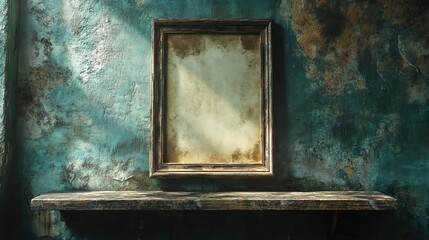 A weathered frame on a rustic shelf against an aged wall, highlighting textures and shadows in a vintage setting.