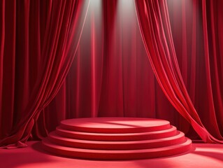Red velvet stage with dramatic spotlight and curtains
