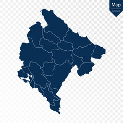 Transparent - High Detailed Blue Map of Montenegro. Vector eps10.	
