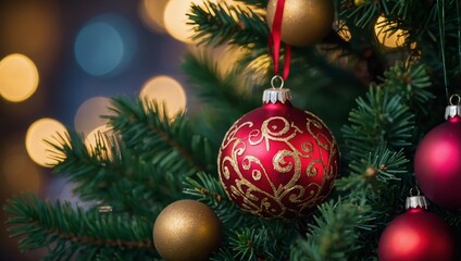 Fototapeta premium Close-up of a Christmas ornament hanging on a Christmas tree