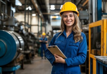 Smiling female engineer standing in a factory, wearing blue overalls and a yellow helmet. She is holding a notepad.