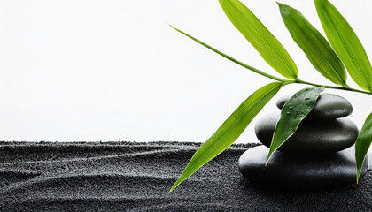 Obraz premium Natural Harmony: Bamboo Leaves and Zen Stones on Black Sand - Minimalist Japanese Garden Background