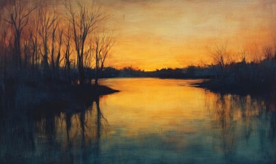 Naklejka premium Oil painting depicting a river with silhouetted trees at sunset