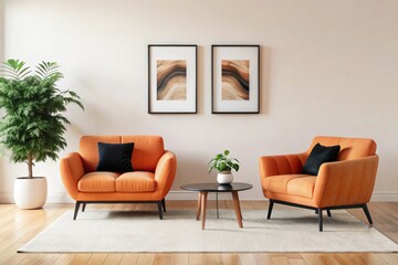 Two vibrant accent orange armchairs near white sofa against concrete tile wall with art frame. Scandinavian interior design of modern living room