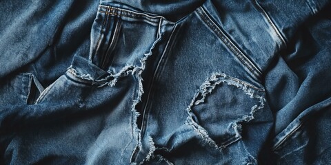Naklejka premium Close-up of blue denim fabric with frayed edges.