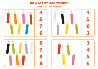 Count all coloured pencils and circle the correct answers.