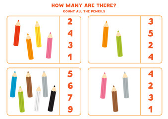 Count all coloured pencils and circle the correct answers.