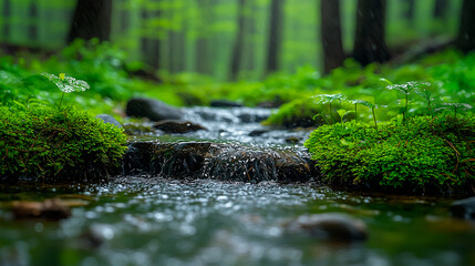 Fototapeta premium Tranquil Forest Stream, Spring Water Flowing Through Lush Greenery