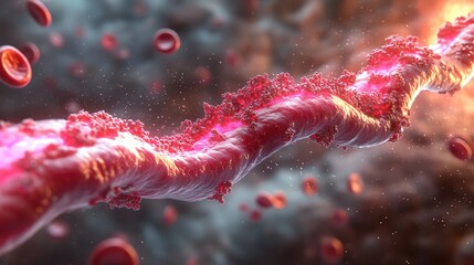 Abstract representation of blood flow within a vessel, showcasing vibrant red hues and intricate cellular structures.