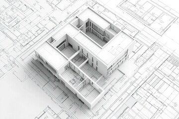 3D architectural model of a modern building set atop detailed floor plans and blueprints.