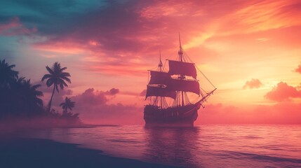 Silhouette of a majestic pirate ship at sunset, surrounded by palm trees and vibrant colors.