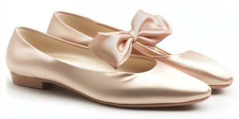 Beige satin shoes with a bow.