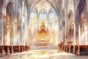 Obraz premium Watercolor painting of an elaborate cathedral interior