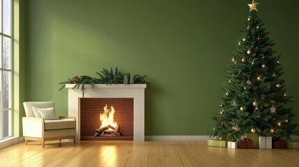 Christmas interior, green wall, decorated fireplace, armchair, christmas tree and gifts.