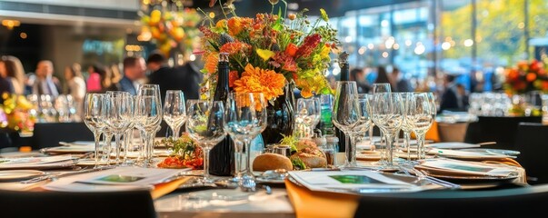 Naklejka premium Elegant table setting with floral centerpiece and glassware for a formal event.