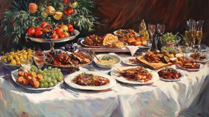 Oil painting depicting a banquet table setup for a reception showcasing European cuisine food presentation appetizers and event styling for catering services
