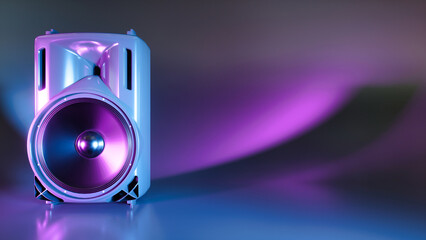 one speaker system on the left with two speakers under ultraviolet light