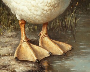 Obraz premium Oil painting showcasing detailed paws of a white duck by the edge of a serene lake emphasizing the texture of the duck s feet and the natural surroundings