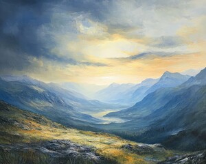 Oil painting depicting a breathtaking view of mountains and a beautifully natural sky showcasing stunning landscapes and scenic beauty