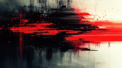An abstract artwork featuring bold red strokes on a dark background, creating a dynamic visual tension and energy.