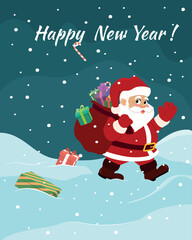 Obraz premium Santa walks along a snowy road and carries a large bag of colorful gifts, there are a lot of gifts, they fall out of the bag into the snow. Vertical format of a greeting card for the Happy New Year