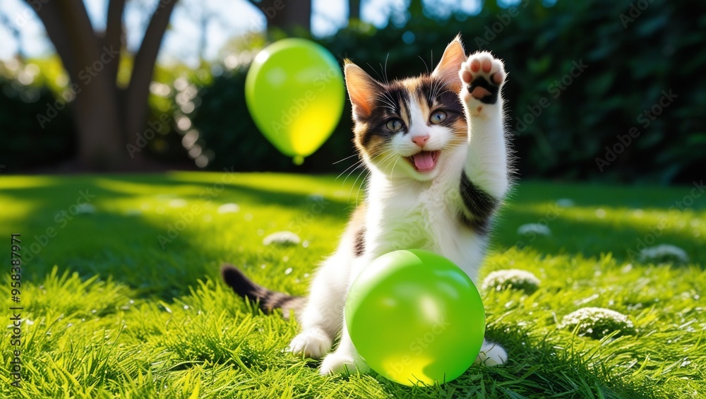 Wall mural Funny photo of a kitten who, with a cunning expression on his face, wants to burst a green balloon with his claws