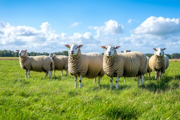 Obraz premium Large herd of sheep peacefully grazing on lush green field under a bright blue sky. Flock of sheep