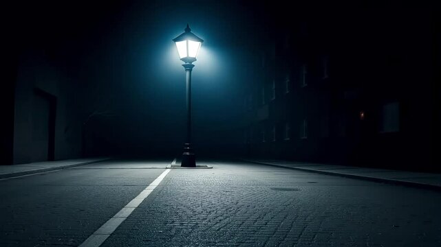 Bright streetlights cast an eerie glow over an empty city street, shrouded in fog. Lingering shadows deepen the mysterious and haunting atmosphere of the night