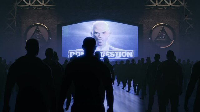 Crowd of people watching a speech by a possibly fascist politician or leader on a giant TV Screen 02