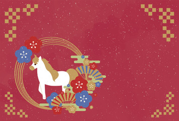 2026年の午年の馬をモチーフにしたイラストの年賀状はがき素材