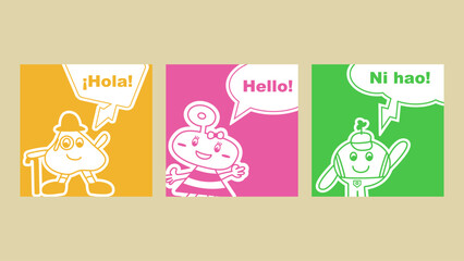 Playful Hand-drawn Nursery Posters: featuring Spanish, English, and Chinese greetings, ideal for prints, notebooks, room decor,  classroom, books, coloring, games, clothes, advertising, social media
