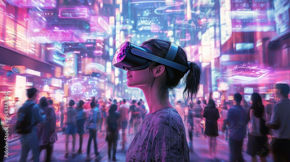 Sticker Woman in VR Headset Navigating a Futuristic Cityscape