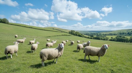 Obraz premium Large herd of sheep peacefully grazing on lush green field under a bright blue sky. Flock of sheep
