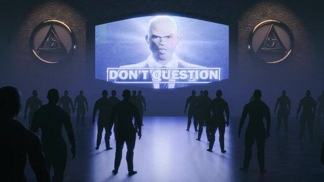 Crowd of people watching a speech by a possibly fascist politician or leader on a giant TV Screen