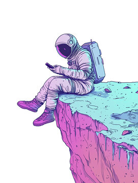 Astronaut sitting on a moon rock holding texting on a cell phone. Retro, neon pastel background