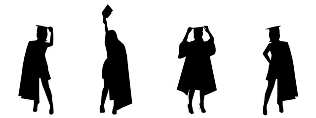 set vector silhouettes of graduation. different poses, isolated on white background,graduated, university, college. vector illustration.
