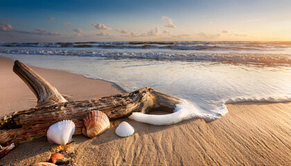 Obraz premium Natural Harmony: Driftwood and Seashells on Beach Sand - Tranquil Coastal Background