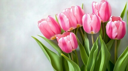 Obraz premium A Beautiful Arrangement of Pink Tulips Surrounded by Green Foliage