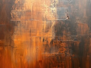 Oil painting depicting brown colored wooden surfaces showcasing rich textures and warm tones