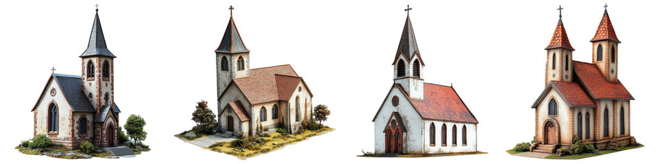Fototapeta premium Charming stone church with tall steeple in a rural setting historical building transparent background
