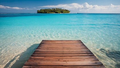 Fototapeta premium wooden pier extending into clear turquoise waters, small tropical island, clear sky with a few clouds, serene and peaceful setting, relaxation or vacation concept