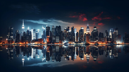 Fototapeta premium Nighttime skyline aglow with the vibrant lights of skyscrapers,