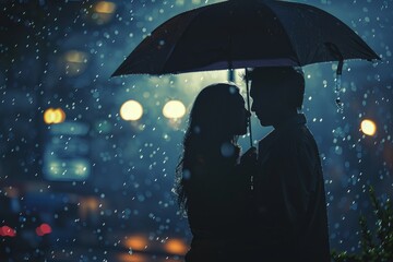 Silhouetted couple kissing under an umbrella in the romantic rainy night