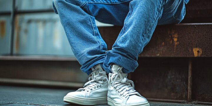 White sneakers and blue denim on a rusty step.