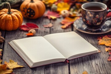 Fototapeta premium Open notebook with pumpkins and a coffee cup on a wooden table, decorated with autumn leaves