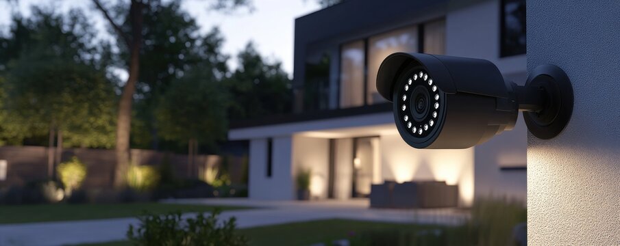 Smart security camera monitoring modern home exterior with night vision capabilities for enhanced safety. High-tech surveillance system for residential properties ensuring security and peace of mind.