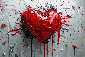 beautiful red heart in 3d, creative artistic painting, paint splatters, red, white and black color scheme , heart symbol of love and disappointment, artwork picture