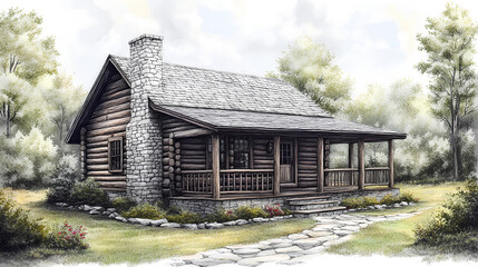 Obraz premium Log Cabin hand drawn vintage illustration