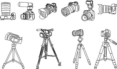 set of photo camera, tripods, video cameras sketch, outline, vector on white background