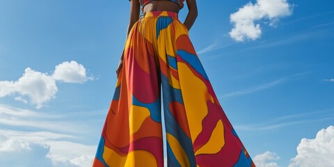 Fototapeta premium Colorful patterned pants against a blue sky.